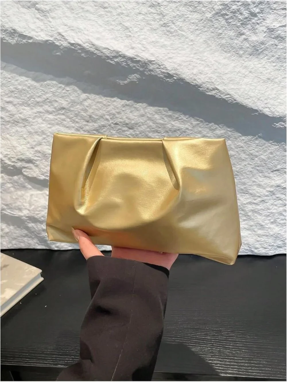 👜Women's Gold PU Leather Clutch Purses Small Zipper Elegant Ruched Handbag